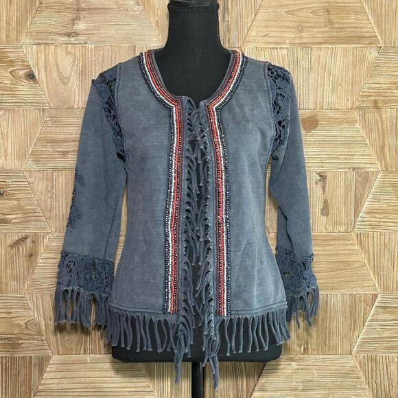BKE Sweaters - BKE Blue Jacket with Embroidery & Fringe Western Boho Festival Coat Women's M